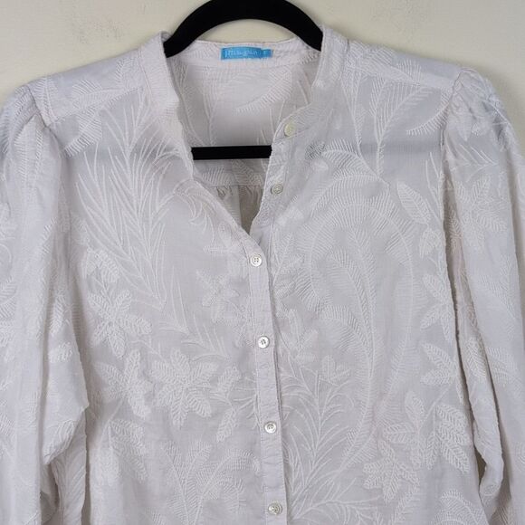 J. McLaughlin White Embroidered Floral Button Front Blouse 3/4 Length Sleeves - Picture 3 of 9